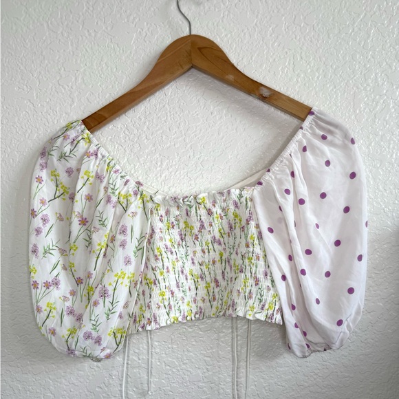 For Love And Lemons Strudel Floral Puff Sleeve Crop Top Floral Polka Dot S White - Picture 5 of 7